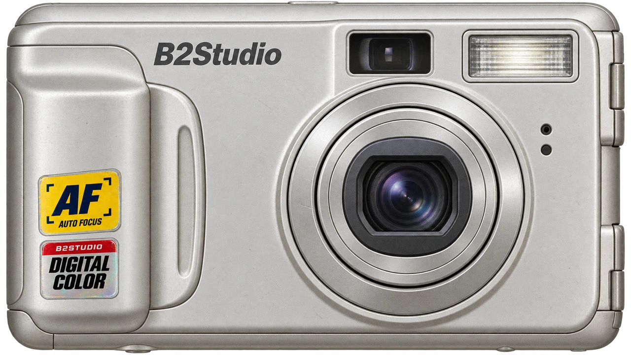 Illustrated silver B2 Studio digicam with decorative period stickers